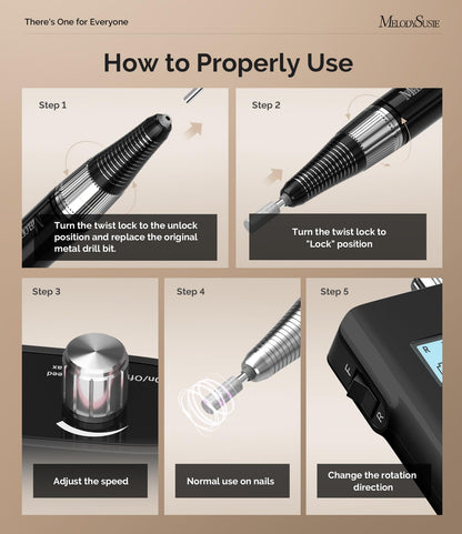 MelodySusie Professional Rechargeable 30000 RPM Nail Drill,SC320H Portable Electric E File Scamander, Acrylic Gel Grinder Tools with 6 Bits and Sanding Bands for Manicure Pedicure Carve Polish(Black)