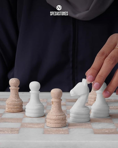 Marble Chess Set 15 Inch Handmade White &amp Travertine Luxury Board Games for Adults Elegant Table top Board Game Travel Chess Pieces &amp Storage Box for Gifts &amp Home Decor