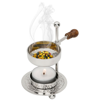 Adjustable Resin Incense Burner/Incense Censer with Tealight and Wooden Handle – HANDCRAFTET Nickel-Plated Brass, Height 4.33 inch, Durable Aromatherapy Holder for Safe Burning