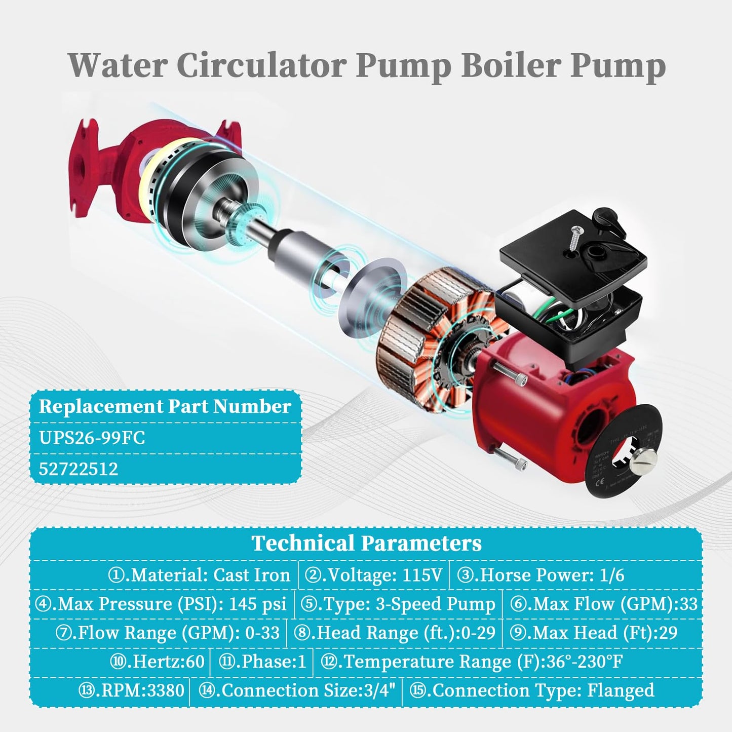 UPS26-99FC 52722512 Water Circulator Pump Boiler Pump for Radiant Heating, Hydronic Heating, Fan Coil Heating, Solar and Other System Types 115V 1/6 HP 3-Speed
