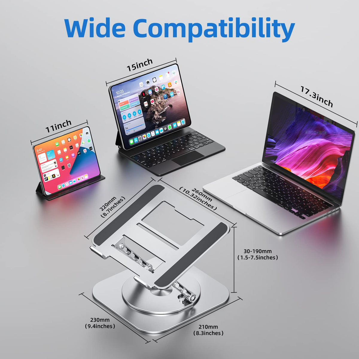 MCHOSE Adjustable Laptop Stand for Desk, Ergonomic Laptop Riser with 360° Rotating Base, Foldable Notebook Computer Holder Stand Compatible with MacBook Air Pro, Dell XPS, More 10-15" Laptops, Silver