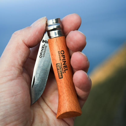 Opinel No. 06 Carbone - Carbon Steel Folding Pocket Knife, Beechwood Handle, 2.87 in. Blade, Virobloc Safety Locking Collar, Made in France