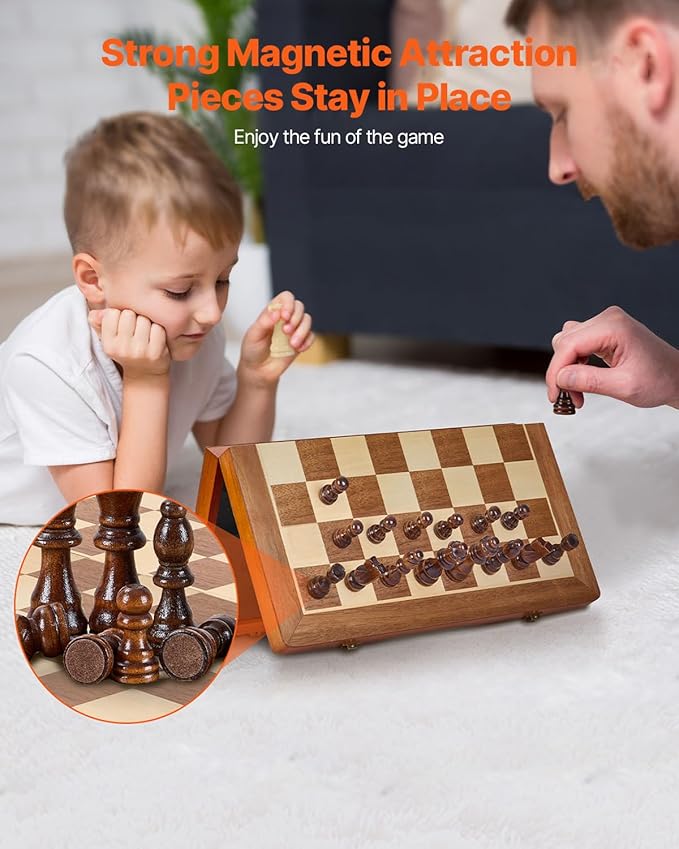 VEVOR 15-inch Magnetic Wooden Chess Set 2-in-1 Folding Chess and Checkers Game for Adults and Kids Portable Travel Chess Set with 2 Queens Ideal for Tournaments Professionals and Beginners
