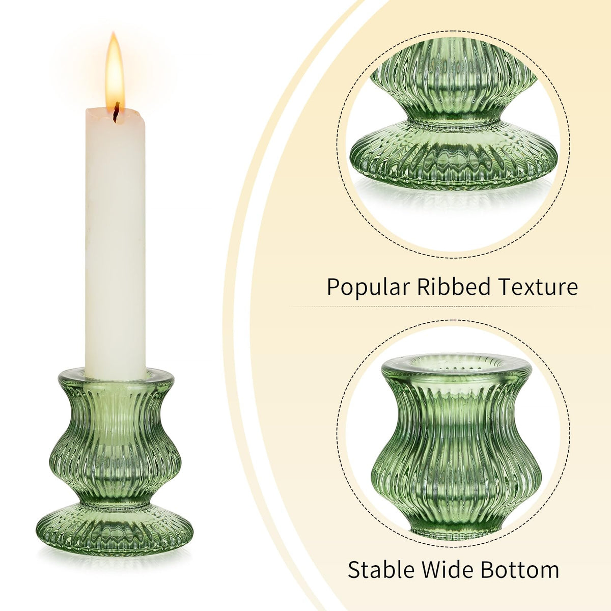 Romadedi Glass Candle Holders for Candlestick - 2 Pcs Green Ribbed Tapered Candle Holder Decor for Table Centerpiece Christmas Party Living Room Dinner Advent