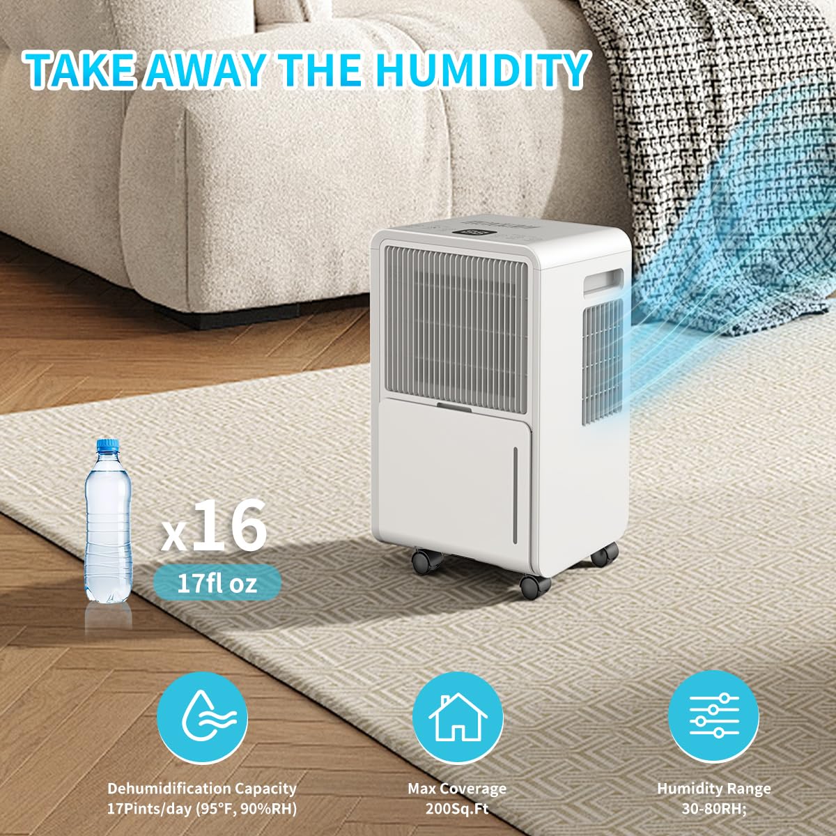 HXCOCKCROW Dehumidifier for Home Basement, 17 Pints Dehumidifiers with Drain Hose for 550 Sq. Ft Bedroom Bathroom Small Room RV, 3 Working Modes, Smart Humidity Control, 24H Timer, Auto Defrost