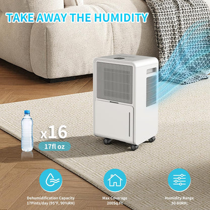 HXCOCKCROW Dehumidifier for Home Basement, 17 Pints Dehumidifiers with Drain Hose for 550 Sq. Ft Bedroom Bathroom Small Room RV, 3 Working Modes, Smart Humidity Control, 24H Timer, Auto Defrost