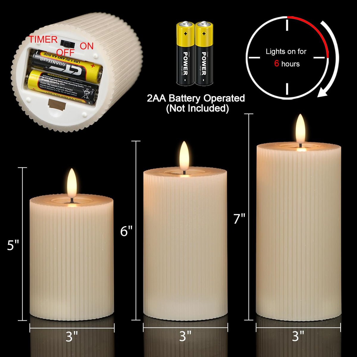 Eldnacele Vertical Stripe Pillar Flameless Candles with 6 Hours Timer, Battery Operated 3D Wick Flickering Warm Lights Real Wax Gray LED Candles Dinner Indoor Holiday Christmas Decor(3Pcs,3"×5"/6"/7")