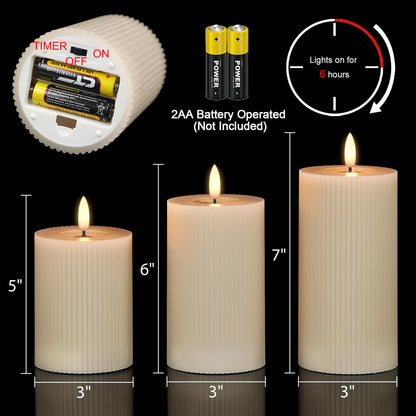 Eldnacele Vertical Stripe Pillar Flameless Candles with 6 Hours Timer, Battery Operated 3D Wick Flickering Warm Lights Real Wax Gray LED Candles Dinner Indoor Holiday Christmas Decor(3Pcs,3"×5"/6"/7")