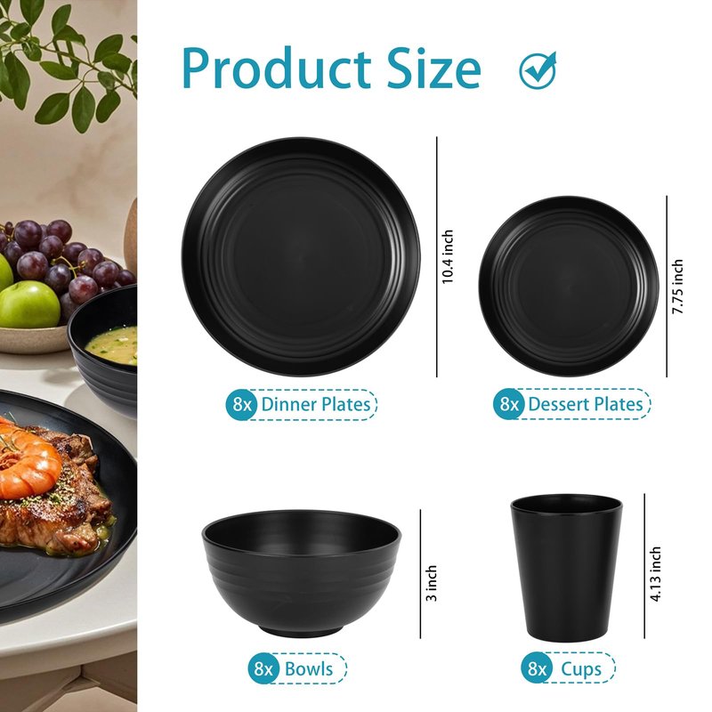 Supernal Wheat Straw Dinnerware Sets,Plates and Bowls Set, Dish Sets for 8, Unbreakable Plate for 8 Dishwasher Safe,Reusable Dinnerware Black-16pcs Plates, 8pcs Bowls, 8pcs Cups.