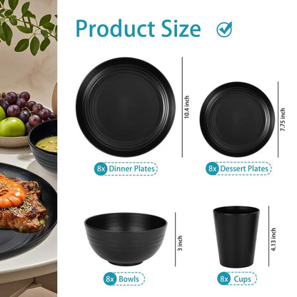 Supernal Wheat Straw Dinnerware Sets,Plates and Bowls Set, Dish Sets for 8, Unbreakable Plate for 8 Dishwasher Safe,Reusable Dinnerware Black-16pcs Plates, 8pcs Bowls, 8pcs Cups.