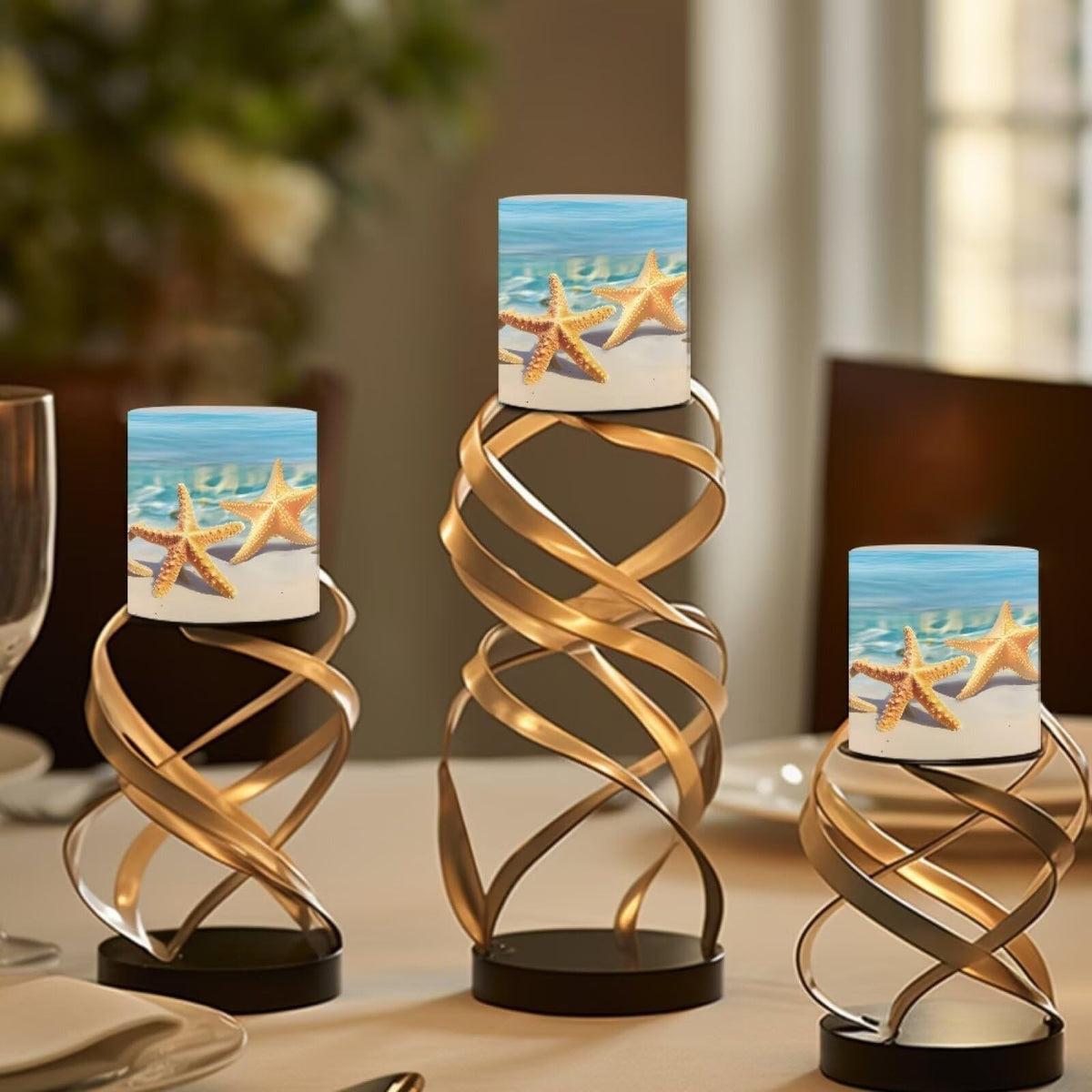 NETILGEN Flameless Candles Set of 4 Blue Beach Starfish Print Home Party Decor Realistic Flickering Flameless Candles with Timer Remote Control Battery Powered LED Candles