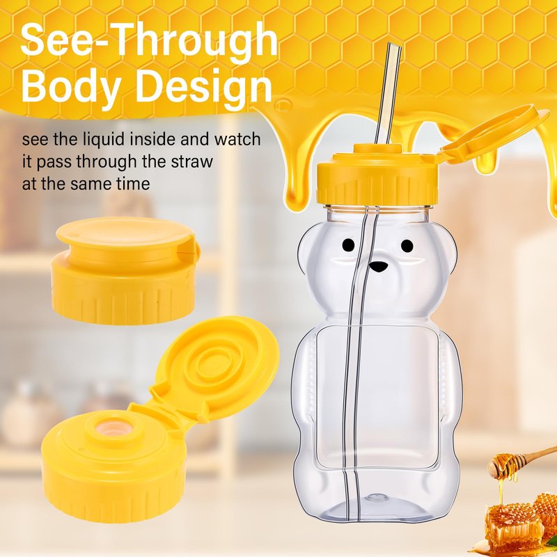 Thenshop 64 Pcs 6 oz Honey Bear Bottle and 64 Pcs Straws Plastic Honey Bear Straw Cup Honeybear Squeeze Jars Cute Empty Bottle for Syrup Sauce Juice Storing and Dispensing