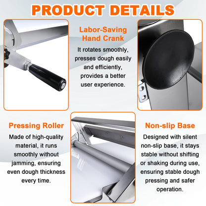 15.5" Folding Dough Sheeter, Manual Dough Roller Machine, Stainless Steel Adjustable Thickness 2-25mm, Countertop Dough Sheeter for Home and Commercial Use