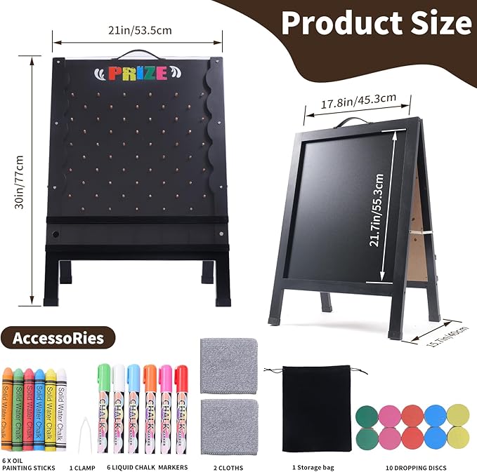 Prize Drop Game Board 21x30 Double-Sided Foldable Design with Wooden A-Frame Chalkboard Sign for Family Carnival Trade Show &amp Party - Includes 10 Coin Drop Discs and Chalk Set Portable Desig