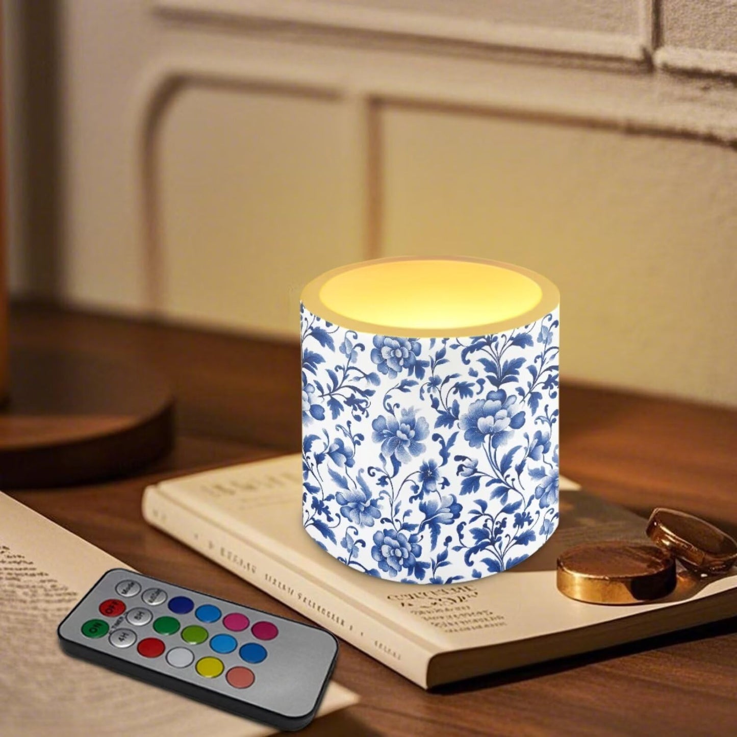 Poceacles Flickering LED Candles Set of 4 with Remote Control, Battery-Powered Flameless Candles Decorative Tealights for Party Indoor Outdoor Decor, Blue Floral Retro