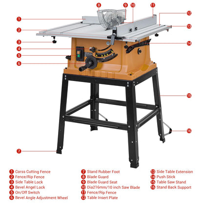 Table Saw, 10 Inch 15A Multifunctional Saw With Stand & Push Stick, 90° Cross Cut & 0-45° Bevel Cut, 5000RPM, Adjustable Blade Height for Woodworking, Orange