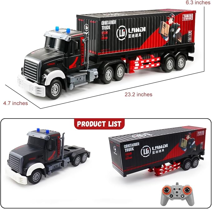 RC Semi Truck 23.6 Inch Remote Control Semi Truck and Trailer Toy Semi Truck Toy 2.4Ghz with Sound and Lights Container 1/24 RC Construction Vehicles Toy for Kids &amp Boys