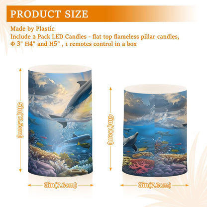 panksolu Flickering Flameless Candles, Sea Leaping Dolphins LED Candles with Remote Timer, Battery Operated Candle for Valentine Wedding Halloween Christmas Decor - Set of 2