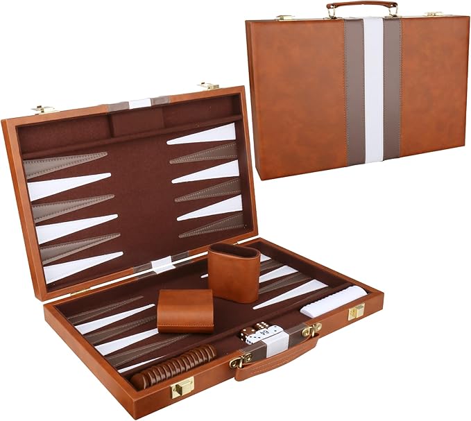 Backgammon Set - Classic Board Game with Premium Leather Case - Portable Travel Strategy Backgammon Game Set for Adults Kids (18inch Brown)