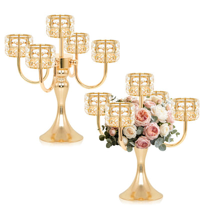 5 Arm Metal Crystal Candelabra Centerpiece - 13.4 Inch Elegant Candle Holder with Crystal Beads for Wedding Party Christmas Home Dining Table Decoration (2, Style-B-Gold)