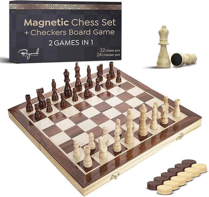 Wooden Magnetic Chess Set &amp Checkers Board Game 15” Foldable Chess Board | Solid Wood 2-in-1 Board Game for Adults with Storage Box 2 Extra Queens Portable Travel Chess Set for Kids &amp Begin