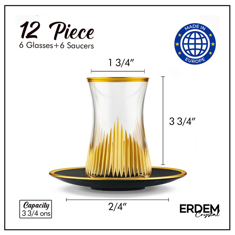 DECOSTYLE Turkish Tea Set, Glass and Plate (Set of 6), 12 pcs, Matte Gold, Vintage Handmade Tea Time, Turkish Glass Masters, Capacity: 5 1/4 US oz 160 cc (Black)