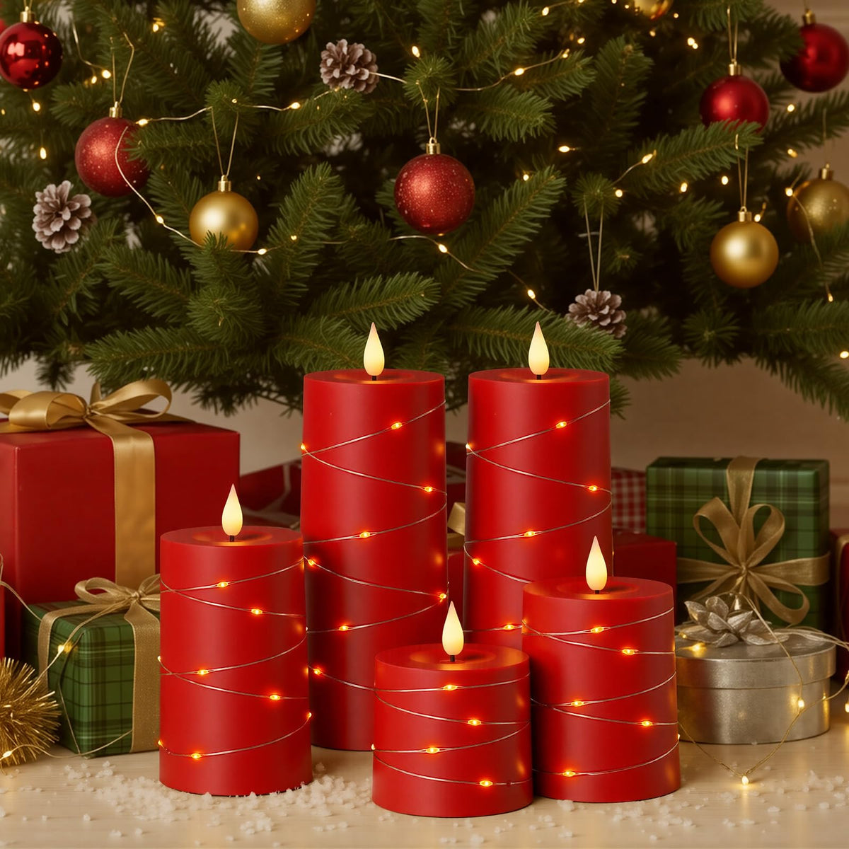 Raycare Independence Day Flameless Candles with Remote Timer, Flickering Battery Operated LED Pillar Fake Candle with String Lights for 4th of July Patriotic Home Decor, Wedding Gift, Red, Set of 5