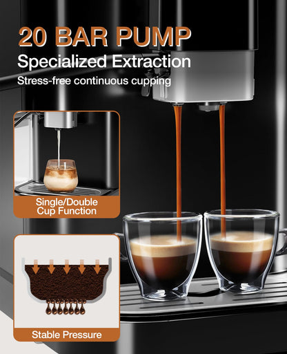 Super Automatic Espresso Machine & Coffee Maker, 20Bar Pressure, Built-in Conical Burr Grinder & Milk Frother, 6 One-Touch Recipes, Auto Clean, 1.5l Water Tank, for Home Office, 120v, Black&Silver