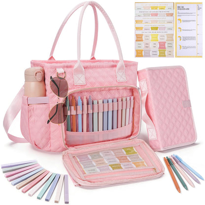 KOPKOFT Large Bible Cover Case for Women, Quilted Church Tote Bag with Shoulder Strap, Bible Study Supplies Journaling Kit Bible Accessories, Christmas Christian Gift for Women (Pink)