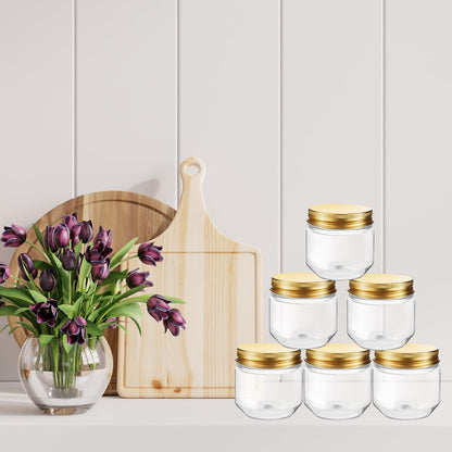 Tanlade 60 Pcs 3 oz Clear Plastic Jars with Lids Wide Mouth Mason Jars Mini Storage Containers Bulk for Herb Jelly Wedding Valentine Favors Shower Party Favors(Gold)