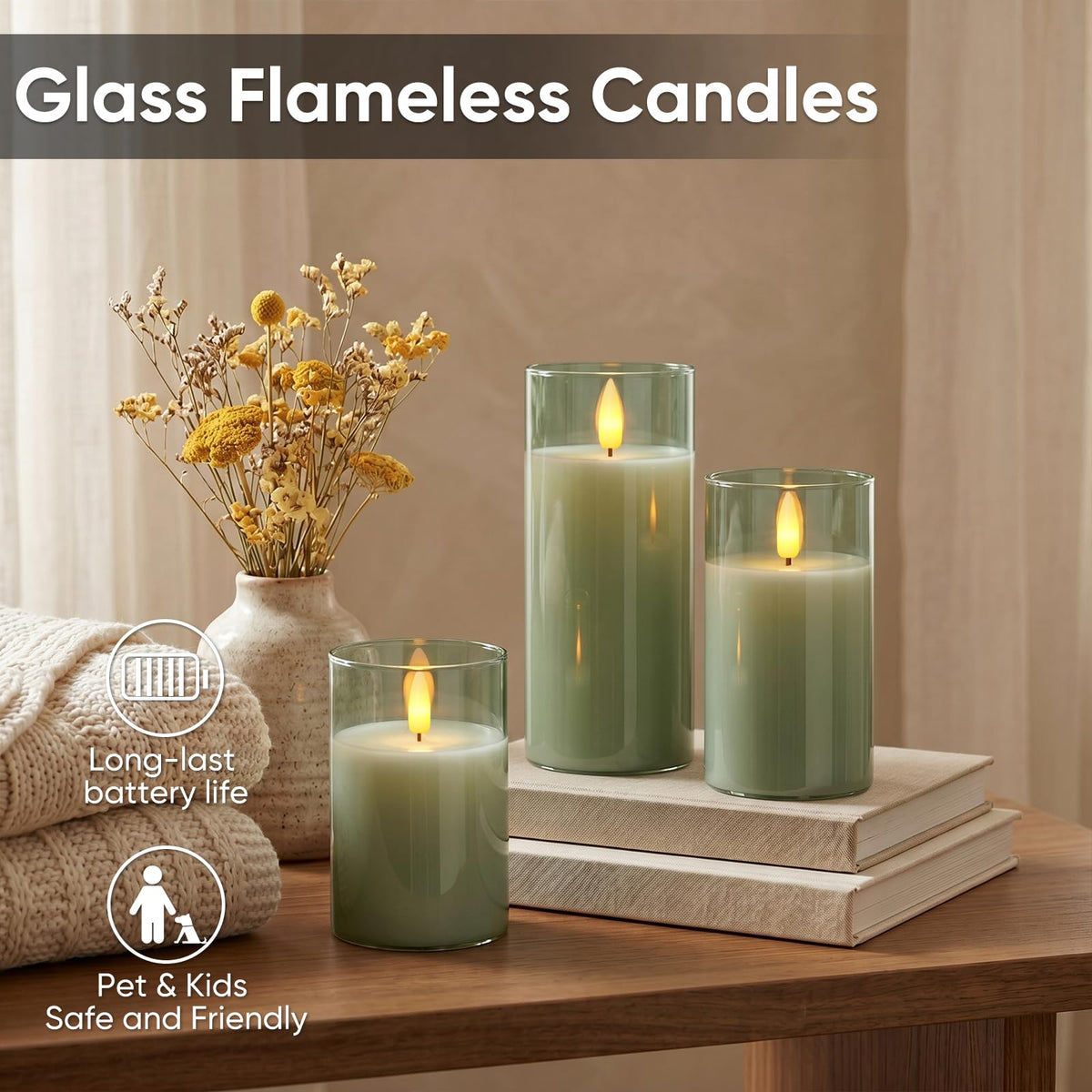 5plots Glass Battery Operated Green Flameless Candles with Remote Timer, 3D Wick Real Wax Pillar Led Candles Warm Flickering Light for Indoor Home, Halloween, Christmas Decor D3 x H4 5" 6", Set of 3