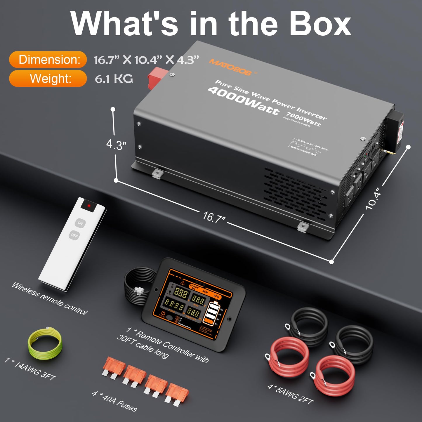 Pure Sine Wave Inverter 4000 Watt,24V DC to 120V AC Inverters,Surge 7000 Watt for RV,Truck,Solar,Home,Power Inverter with Dual Remote Control,35A Hardwire Port,4 AC Outlets, 36W USB-C, 5V 3.6A USB