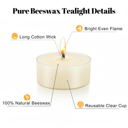 Natural Beeswax Tealight Candles White, 16 Packs, Pure Beeswax Tea Candles in Clear Cup, Organic Ivory Small Tea Light Candles with 4 Hours Clean Burn Time, Soy, Paraffin, & Fragrance Free
