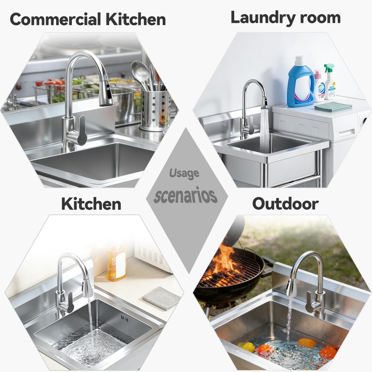 20Inch Stainless Steel Utility Sink, Commercial Single Bowl with Hot & Cold Water Lines, Drain Kit + Base Plate for Kitchen, Garage, Laundry