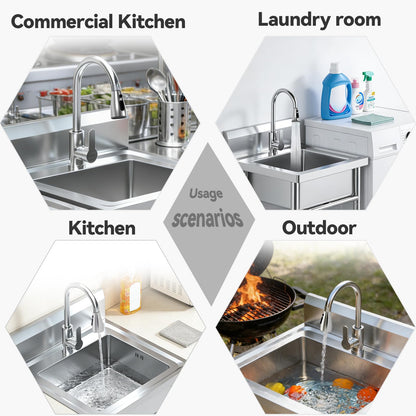 20Inch Stainless Steel Utility Sink, Commercial Single Bowl with Hot & Cold Water Lines, Drain Kit + Base Plate for Kitchen, Garage, Laundry