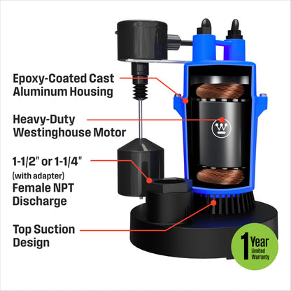 Westinghouse Sump Pump 1/2 HP 69 GPM Submersible Water Pump Automatic Vertical Float Switch Heavy Duty Basement Crawl Space Flood Removal Pump High Flow Water Drainage