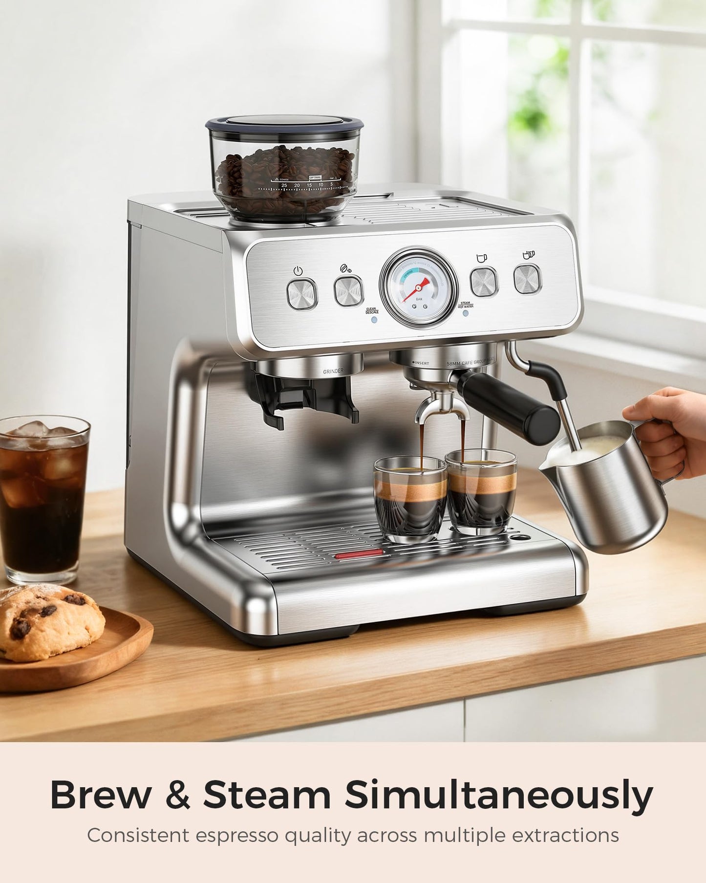 COWSAR Dual Boiler Espresso Machine with Grinder, Commercial Expresso Coffee Machines,Use Milk Frother and Brew Coffee Machine Simultaneously, Coffee Maker Cappuccino Latte, 95oz Water Tank