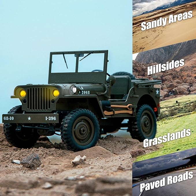 RC Jeep 1/10 Scale Willys Hobby RC Car Off-Road Military Crawler 2.4Ghz Military Truck 4WD RC Crawler with Light Tarpaulin Metal Shaft 4x4 Off Road Vehicle RTR Jeep Car 2 Batteries