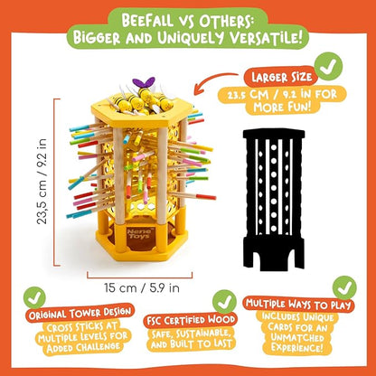 Nene Toys BeeFall Jumbo 4-in-1 Wooden Honey Bee Toy for Kids Ages 3-9 - Educational Game with Wooden Honeybee Hive 12 Bees Colorful Sticks Dice &amp Cards - Fun Family Game for Cognitive Developm