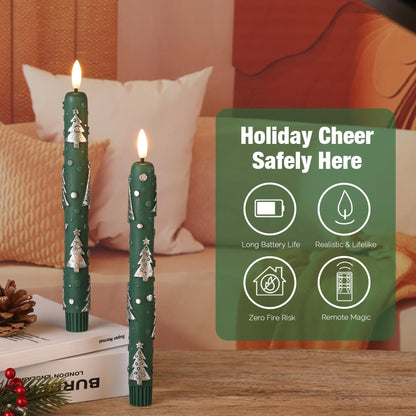 Eywamage Green Christmas Tree Flameless Taper Candles with Remote, Flickering LED Wax Candlesticks Set of 4