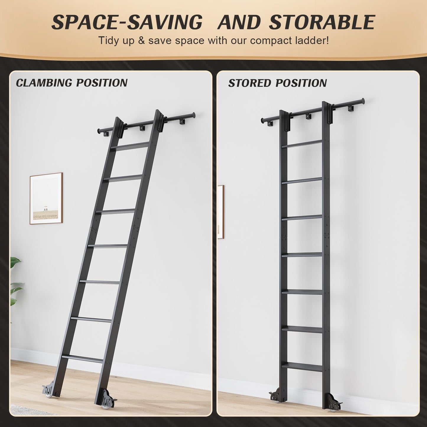Fredbeck 8ft Rolling Library Aluminium Step Ladder 96" with 4FT Sliding Hardware Track Kit Bottom Wheel Included,for Kitchen,Loft,Warehouses,Bookstore,Atti,Dressing Room,Metal Black