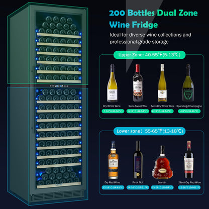 200 Bottle Dual Zone Wine Fridge – 24 Inch Large Capacity Wine Cooler Refrigerator Freestanding/Built-In with Upgraded Compressor, Low-Noise Wine Cellar & Intelligent Temperature Control - Black