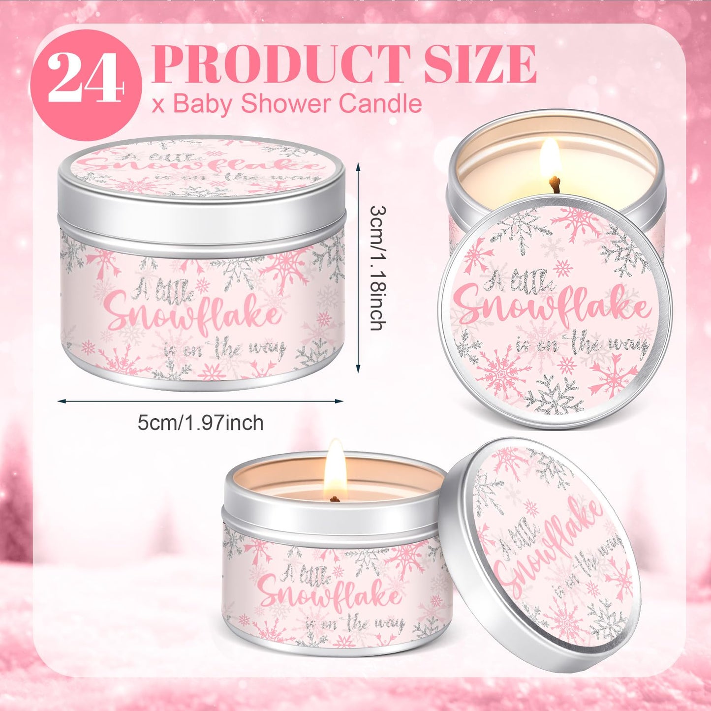 MTLEE 24 Pcs Snowflakes Baby Shower Party Favors Candles Lavender Scented Baby Shower Favors for Guests Rustic Tealights Candles Gender Reveal Return Gifts (1.2 oz, Pink)