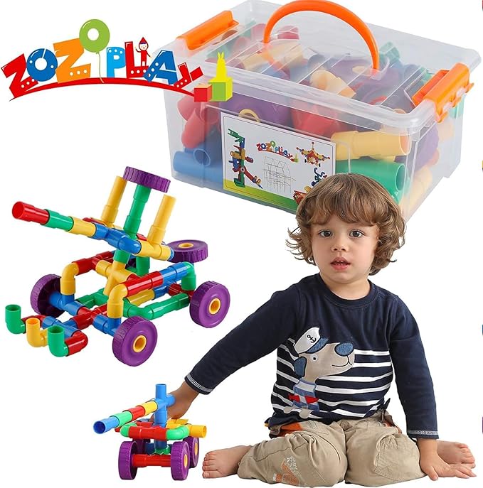 ZOZOPLAY STEM Learning Toy Tubular Pipes &amp Spouts &amp Joints 96 Piece Build Bicycle Tank Scootie Moter Skills Endless Designs Educational Building Blocks Set for Kid Ages 3+ Multicolor