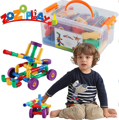 ZOZOPLAY STEM Learning Toy Tubular Pipes &amp Spouts &amp Joints 96 Piece Build Bicycle Tank Scootie Moter Skills Endless Designs Educational Building Blocks Set for Kid Ages 3+ Multicolor