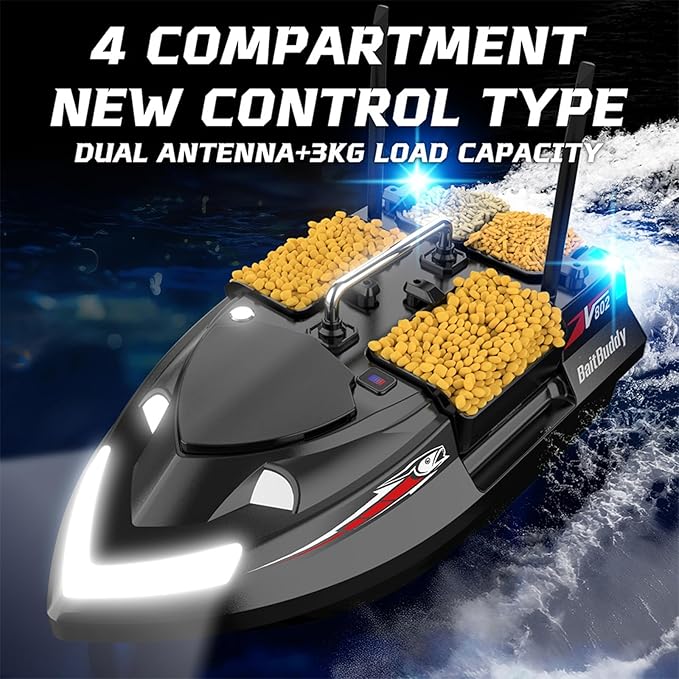 RC Bait Boat for Fishing with 4 Bait Containers 1640FT Remote Range Line Drop Cruise Control Dual 5200mAh Batteries LED Lights Hook Release &amp Carry Bag (Black)