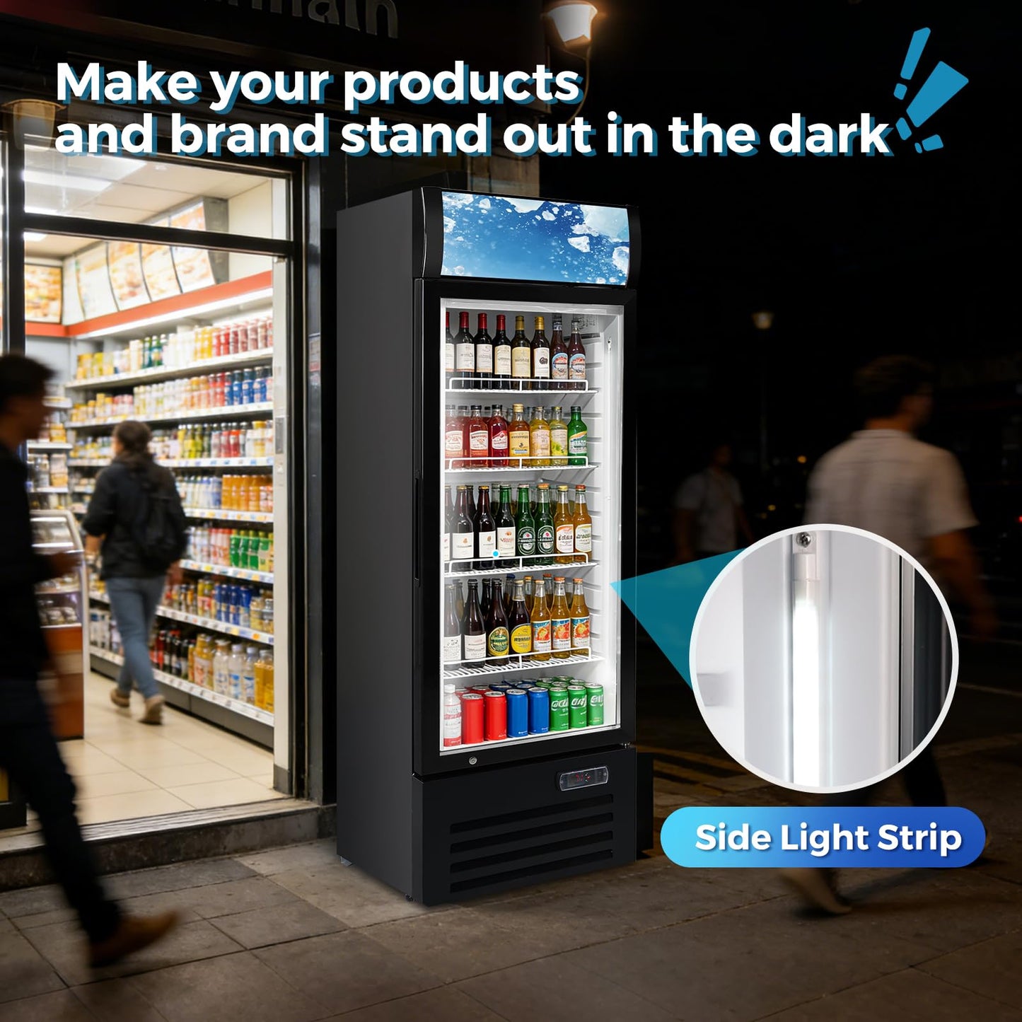 Bluelinecool 12.5 Cu Ft Commercial Beverage Refrigerator with 1 Glass Doors - Upright Drink Cooler Merchandiser with LED Light Display, 4 Adjustable Shelves, Black, ETL Approved for Business & Retail