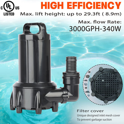 WaterRebirth (PB3000,3000GPH) High Flow Submersible Water Pump-Home/Inline Water Pump-Submersible Pump-Water Transfer Pump-Aquarium Pump