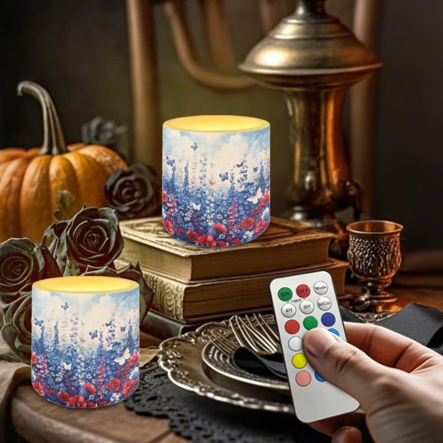 Poceacles 4 PCS LED Flameless Candles Multi-Color Flickering Realistic Battery Powered No Flame Candles with Remote and Timer, Simulated Wick Flame Tealights, Floral Blue Butterfly