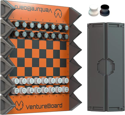 VENTUREBOARD 6 Inches Magnetic Unique Chess Set Board Game - 2 Extra Queens - Folding Board Portable Travel Chess Board Game Pieces - Orange/Grey